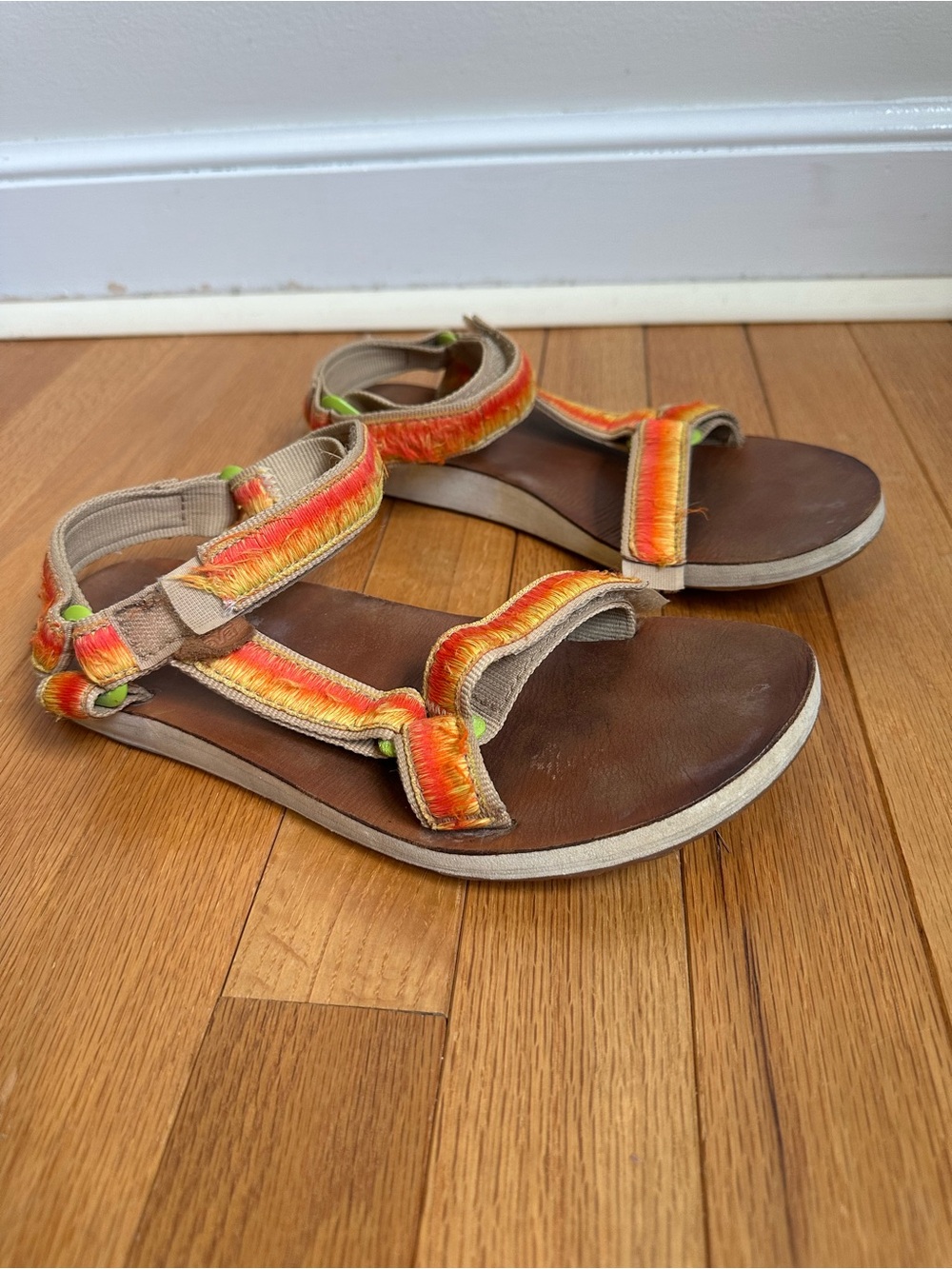 Teva Velcro Strap Leather Footbed Sandals Womens 8 Orange Brown